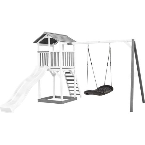 Axi Beach Tower Aire De Jeux Avec Toboggan En Blanc, Balançoire Nid D'Oiseau Noir & Bac À Sable Grande Maison Enfant Extérieur En Gris & Blanc Cabane De Jeu En Bois Fsc (1/5)
