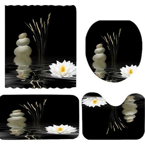 Ensemble de rideaux de douche zen, 4 pièces, lotus noir et blanc, imperméables, 180x180 cm. (1/5)