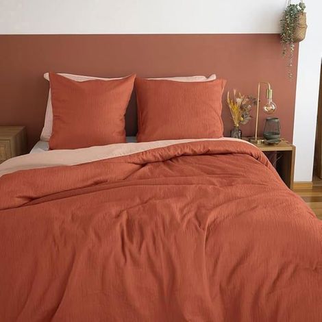 Parure de lit - Housse de Couette 220x240 cm - 2 Taies d'oreiller 63x63 cm - Rouge - Bi-matière - OEKO-TEX 100