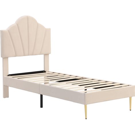 Lit rembourré 90 x 200 cm en velours beige avec tête de lit coquillage et pieds en fer doré (1/5)