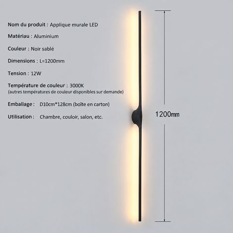 Applique murale LED linéaire 120 cm 12 W noir sablé lumière chaude pour salon couloir 128 × 10 × 10 cm 3 kg – Livraison gratuite