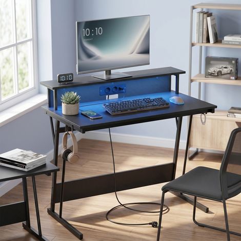 Bureau Gaming avec LED et Multiprise, avec Support d’Écran, pour 2 Ordinateurs, 100x60x91 cm, Noir De Carbone (1/5)
