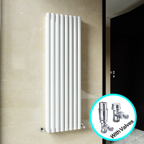 ELEGANT Central Heating Radiator 1600 x 472mm Vertical White Double Panel Oval Column Rad + Chrome Thermostatic Radiator Valves (1/5)