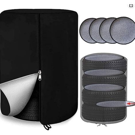 Housse de pneu avec 4 coussins. Housse de protection pour pneus de voiture avec fermeture éclair et cordon de serrage. Pour 4 pneus, 73 cm x 110 cm. Tissu 420D imperméable et anti-UV. (1/5)