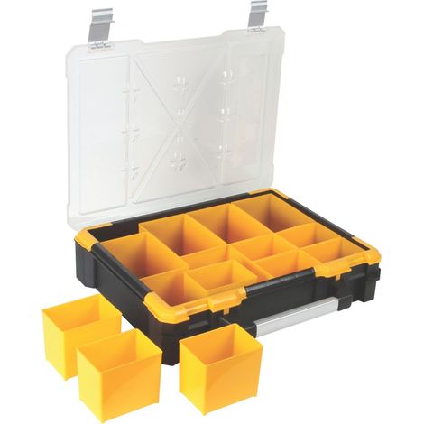 Boîte d’assortiment, mallette de rangement en plastique avec 12 bacs amovibles, couvercle transparent, empilable, poignée et fermetures en aluminium, pour vis écrous clous et petites pièces (1/5)