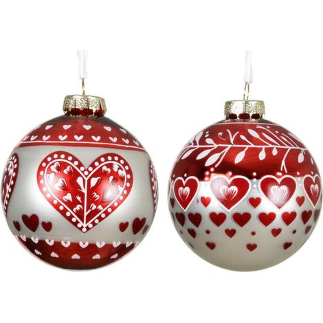 Decoris Pallina Natalizia in Vetro Opaco con Cuori Rossi - 8 cm (1/2)