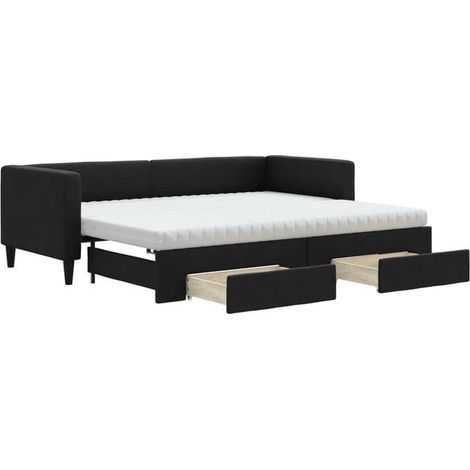 Canapé-lit en tissu noir avec matelas gigogne et tiroirs, 80 x 200 cm (1/5)