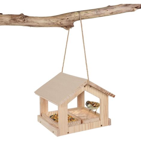 Holz Vogelfutterhaus zum Aufhängen, wetterfest, 2 Futtertabletts, für Garten & Balkon
