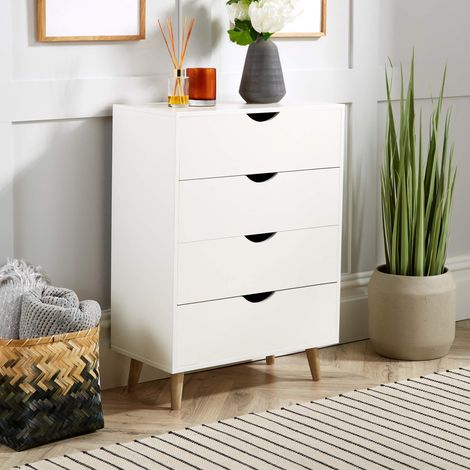 White Chest of 4 Drawers Bedroom Storage Solid Wood Legs Scandi Style (1/5)