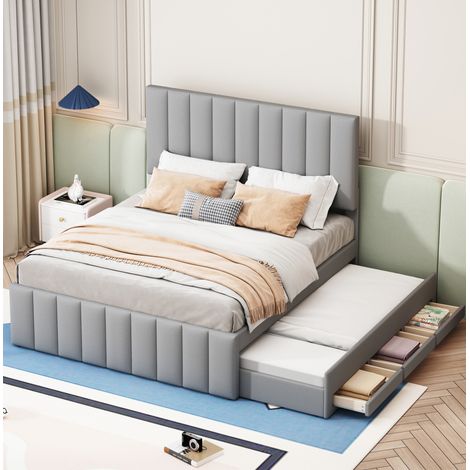 Letto imbottito classico grigio 140x200 cm con testiera regolabile, letto estraibile 90x190 e 3 cassetti (1/5)