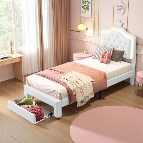 Cama infantil - Princesa Corona - 90x200 cm - Cajón de almacenamiento - LED integrada