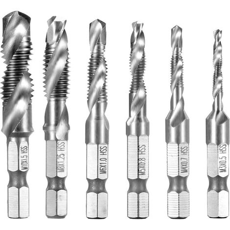 Set de 6 forets HSS à tige hexagonale 1/4' – Longueurs 54-60 mm – Revêtement titane pour perçage bois et métaux mous - M3-M10 (1/5)