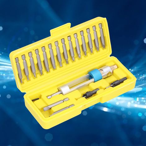20-teiliges Set inklusive HSS-Bohrer, Schraubendreherbits, einem Multifunktionsschraubendreher, einem Senkschraubendreher und einem multifunktionalen Schnellwechseladapter. (1/5)