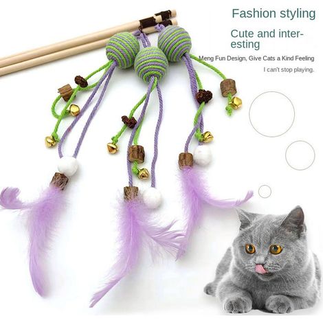 Jouet Pour Chat - Brossage Long Avec Poignée En Bois - Ligne Interactive En Coton Avec Clochette Et Plume - Soulagement Auto-Stimulant - 1 Pièce (1/5)