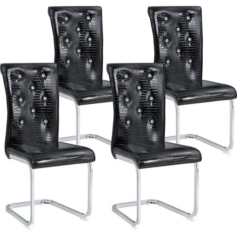 Set di 4 sedie da pranzo retrò nere in PVC effetto coccodrillo, gambe cromate (1/5)