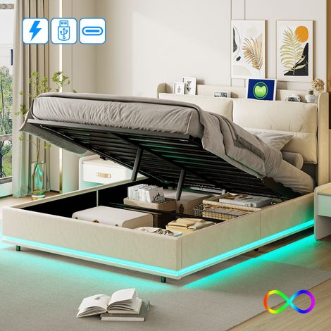 Lit coffre 140x200 cm - Lit adulte double avec ports USB et type C - Tête de lit capitonné - Sommier à lattes - Rangement hydraulique - Velours beige (1/5)