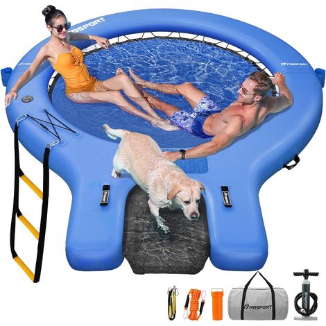 Plateforme Gonflable Flottante Rond 240 cm avec Rampe pour Chiens, Hamac Flottant Piscine pour 3 à 5 Personnes, Îlot Flottant Antidérapant avec Échelle, pour Piscine, Plage et Mer (1/4)