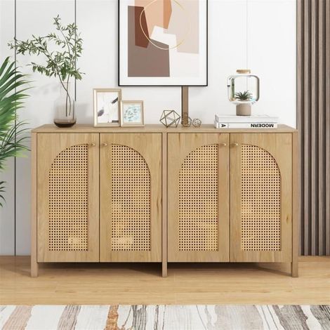 Buffet haut - Moderne - 4 portes en rotin - Poignées en métal - Style scandinave - Bois naturel