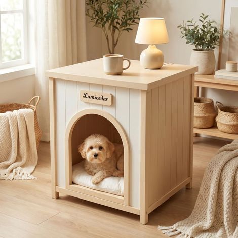 Cage pour chien en bois table d'appoint, maison d'animal d'intérieur en bois massif FSC® pour petits chiens & chats, table de chevet style scandinave (1/5)