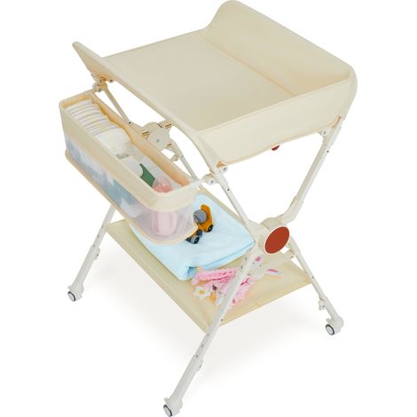 Table à langer bébé pliante et mobile avec roulettes – Hauteur réglable – Étagères de rangement et barre à vêtements – nouveau-nés et tout-petits jusqu’à 25 kg – blanc (1/5)