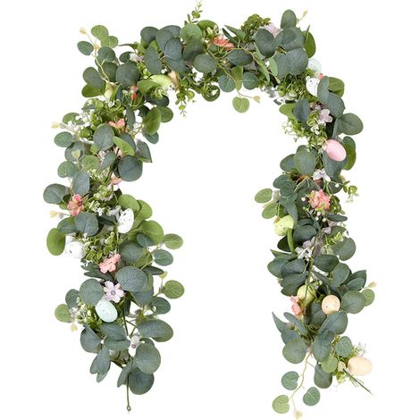 Guirlande En Rotin Artificiel - Feuilles D'Eucalyptus Avec Œufs Colorés - Décoration Printanière Pour Cheminée Porte Escalier - 170 cm - 1 Pièce (1/5)