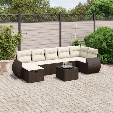 Ensemble Jardin Résine Tressée Marron 8 pcs avec Table Verre Trempé et Coussin Crème Lavable Confortable et Modulaire (1/4)