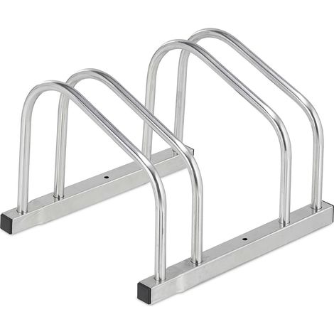 Relaxdays Floor Bike Rack, for 2 Bicycles, Wheel Width up to 50 mm, Metal, Outdoor Parking Stand, Garage, Steel, Silver