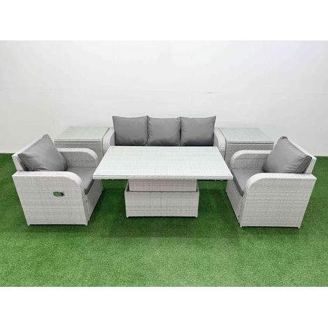 Fimous PE Rattan Garden Furniture Set Reclining Chair Sofa Lounge Sofa Set Adjustable Lifting Dining or Coffee Table 2 Side Table Light Grey (1/5)