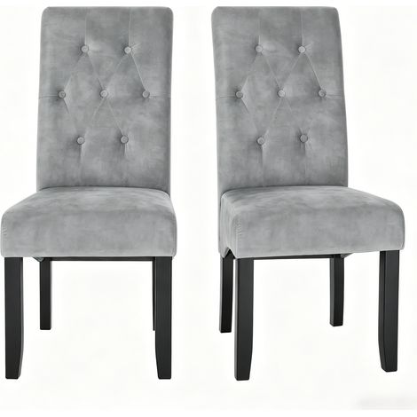 2 sillas de comedor tapizadas en terciopelo gris claro con respaldo alto y patas de madera (1/5)