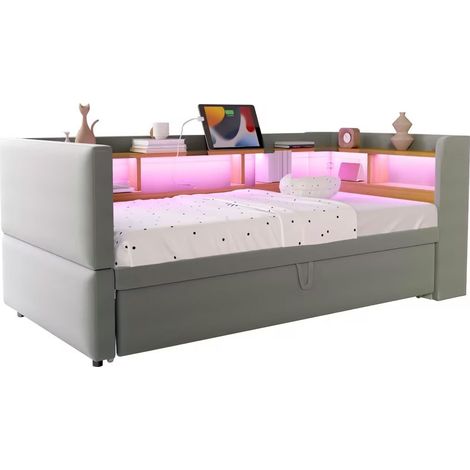 Canapé-lit convertible 90/180 x 190 cm avec LED, prises et rangements multiples, tissu gris clair, gain de place multifonction pour chambre ou salon, CHICFURN (1/5)