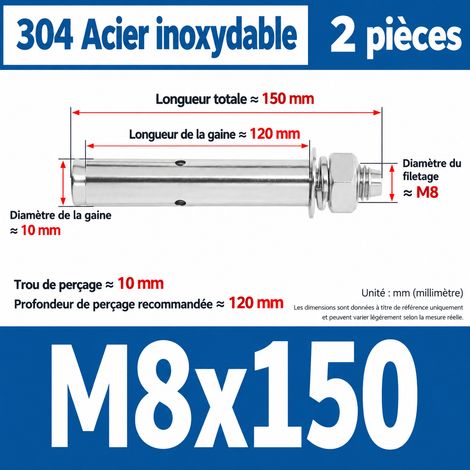 Goujon d'ancrage M8x150 mm inox 304 lot de 2 pièces m8 150 2 pièces 1 kg – Livraison gratuite