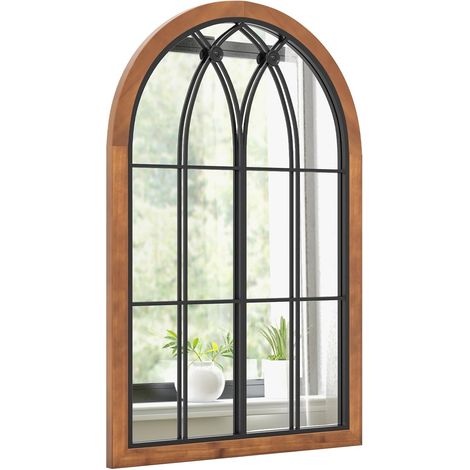 COSTWAY Wandspiegel mit Fensteroptik, Bogen Spiegel Vintage, 60x90cm, Fensterspiegel Dekospiegel Retro, Dekorativer Hängespiegel für Flur, Schlafzimmer, Wohnzimmer, Metallrahmen, Rustikales Braun (1/5)