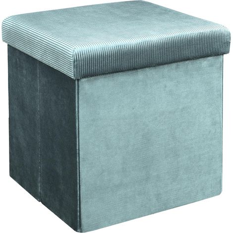 Coffre pouf pliable velours cotele bleu 38x38x38 cm (1/5)