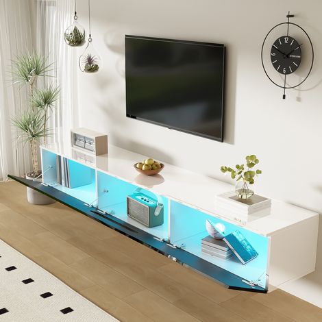Mobile TV 180 cm nero e bianco con LED a 16 colori, finitura lucida, a parete o a terra DESVIAE (1/5)