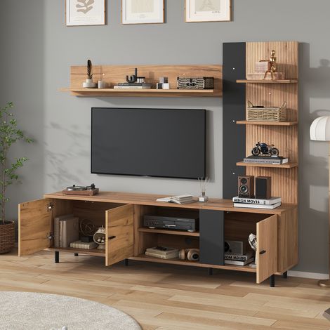 Mobile TV con 3 ante e ripiani aperti, set di mobili per soggiorno, truciolato, 187,5x40x167 cm, nero/legno (1/5)