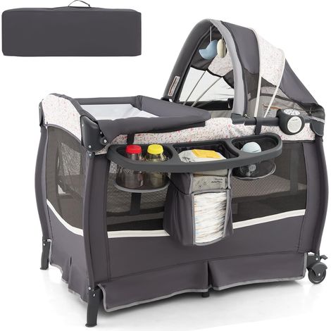 Costway – Lit parapluie bébé évolutif avec matelas – Table à langer escamotable – Auvent réglable – Boîte à musique et jouets suspendus – 0-36 mois – Gris