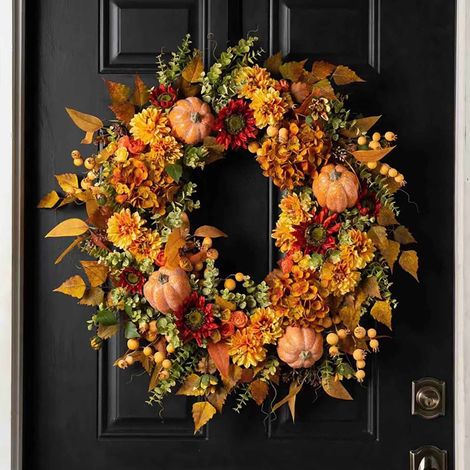Guirlande Automnale - Guirlande Citrouille Baies Hortensia 45 cm Feuilles Érable Décoration Porte Extérieure Thanksgiving 1 Pièce (1/5)