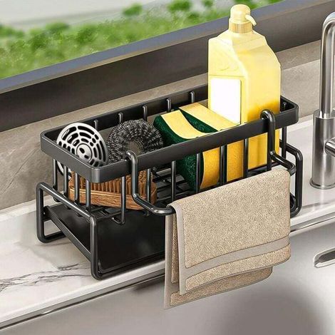 Rangement et Organisation de Cuisine, Organisateur d'évier en Acier Inoxydable avec bac d'écoulement Automatique pour Porte Eponge, Porte Serviettes, Super Accessoires pour Salle-Noir