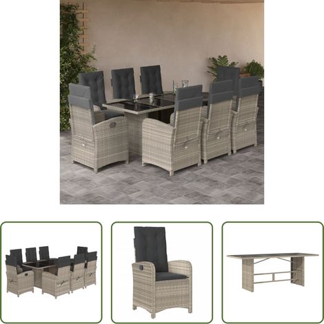 vidaXL Gartenessgruppe - 9-tlg. Garten-Essgruppe mit Kissen Hellgrau Poly Rattan (1/5)