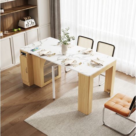 Îlot de cuisine extensible à roulettes, plateau amovible, MDF et PB, naturel HAVRYA (1/5)