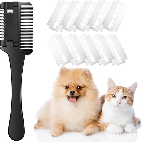 Peigne rasoir pour chiens et chats avec 10 lames supplémentaires, peigne rasoir 2 en 1 pour animaux Coupe et toilettage, brosse pour chiens et chats qui coupe les poils.