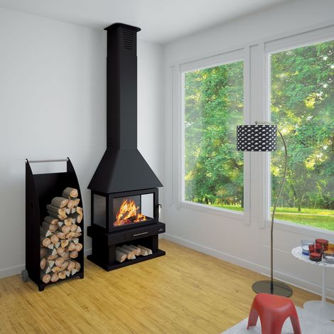 Bronpi – Cheminée à bois 3 vitres HUESCA – Puissance 10 kW – Foyer en vermiculite – Triple combustion – Sortie des fumées supérieure (1/5)