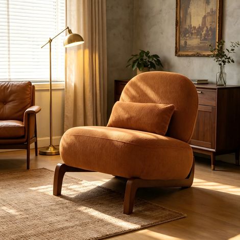 Fauteuil d'appoint sans accoudoirs en velours caramel, pieds en bois, 86,9 x 72,2 x 69,9 cm, OKWISH (1/5)