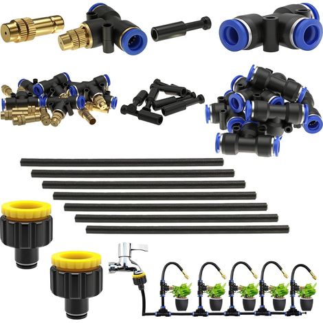 Brass Mist Nozzle Kit, 360° Adjustable T Type Irrigation Head System with 8mm Quick Connect Adapter for Watering Lawns, Patios and Gardens (1/5)
