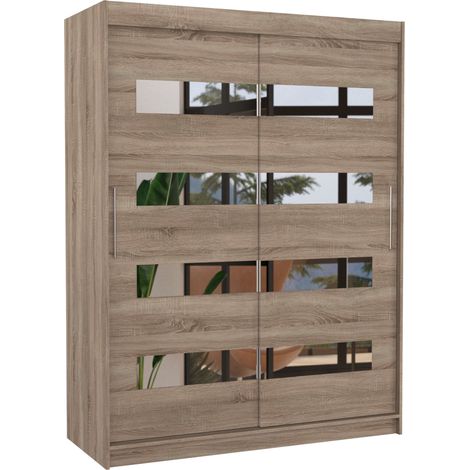 Armoire de chambre bois truffe 2 portes coulissantes bois truffe et miroirs horizontaux Bozika 150cm (1/5)