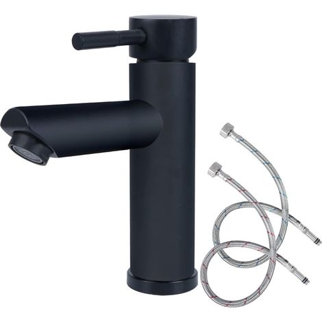 Robinet avec tuyaux d'eau chaude et froide, robinet rond de 165 mm pour eau chaude et froide, acier inoxydable érable noir mat. (1/5)
