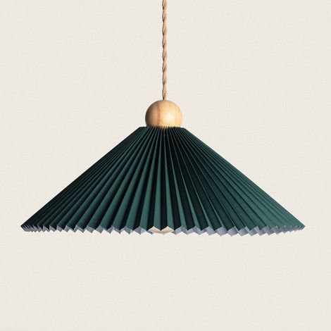 Ledkia – Suspension en bois et tissu Luanda vert – Abat-jour plissé – Douille E27 – Longueur câble 1500 mm – Puissance 40 W (1/5)