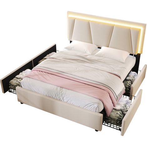 Lit coffre 140x200 beige avec tête de lit réglable, LED et 4 tiroirs, sommier bois et métal, rangement pratique pour chambre moderne – CHICFURN (1/5)