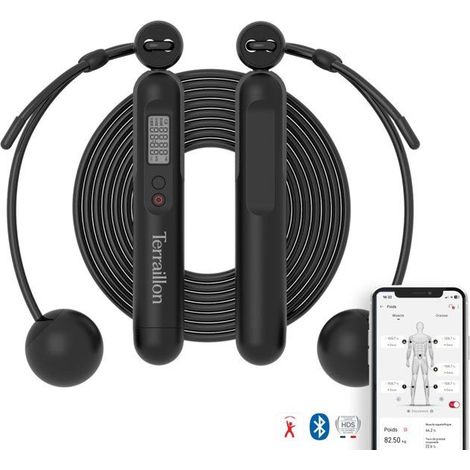 Verbundene Sprungseil - TERRAILLON - GYMFIT ROPE - Bluetooth - Seil 3m & Gewichtsbälle - LCD-Griff