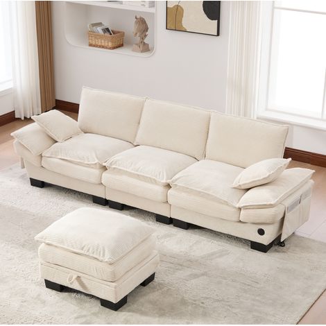 Divano modulare da 3 posti in velluto a coste (panno) con pouf, USB-C e tasche laterali, beige, 260x132x84 cm (1/5)
